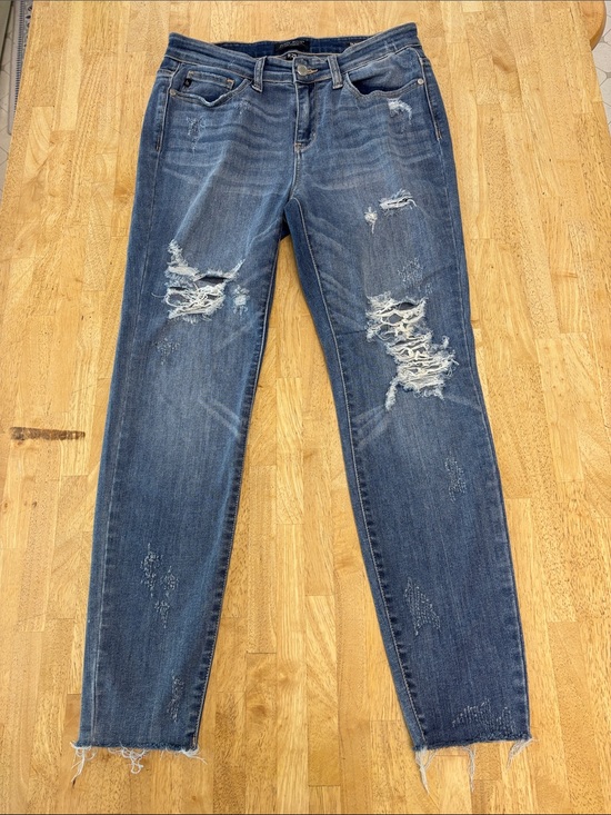 Judy Blue Denim - EUC Judy Blue Distressed Skinny Jeans Medium Wash Size 9/29 Frayed Hem Ripped